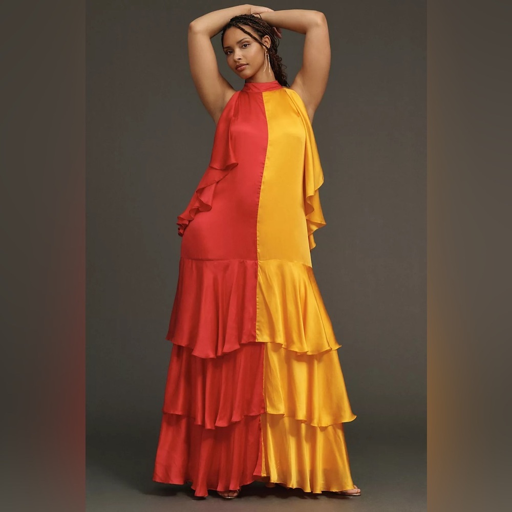 Anthropologie Pinnacle by Shruti Sancheti Mock-Neck Colorblock Ruffle Dress NWOT